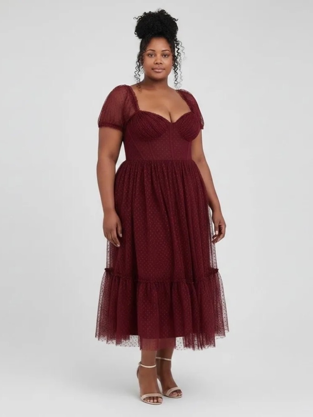 Lulu’s Burgundy Tulle Midi Dress Romantic Formal Holiday Wedding Guest